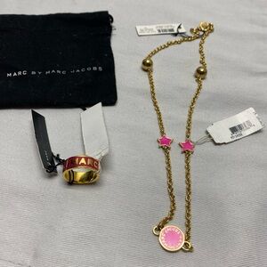 Marc Jacobs Knock Out Pink Star Chain Gold Necklace W/ Logo Disco Band Ring NWT